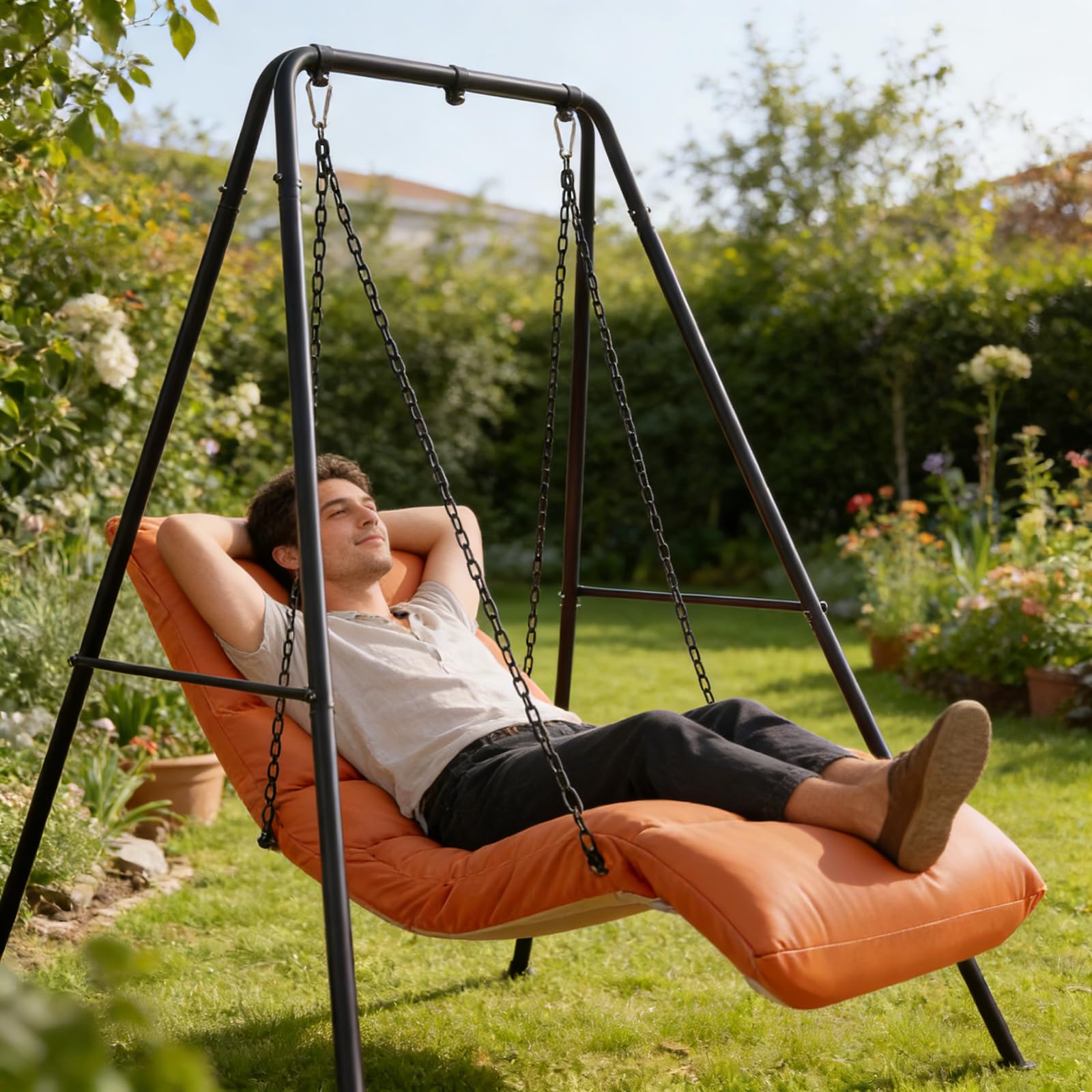 Poltrona Sospesa con Supporto, Sedia a Dondolo per Interno Ed Esterno, Seduta Imbottita E Confortevole, Struttura Robusta, Casa E Giardino