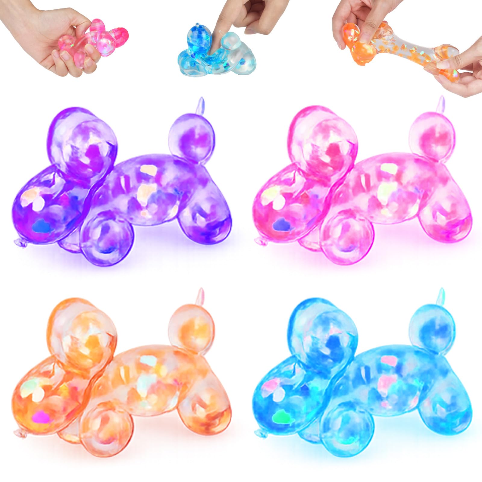 Squishy Fidget Toys Balloon Dog 4Pcs, Glitter Sugar Taba Squishy Toy Anxiety Relief Stress Ball, Stress Relief Squishys for Kids Adults, Cute Puppy Sensory Toy