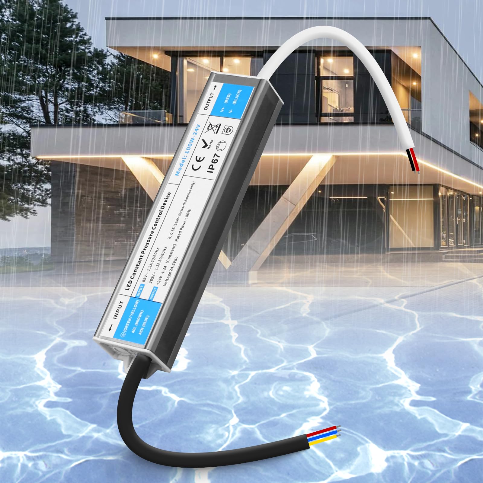 SUCIKORIO 24V 100W LED Transformer Waterproof IP67, Ultra Slim LED Driver 240V AC to 24V DC 4.2A 100 Watt Quiet Low Volt Converter LEDs Power Supply Constant Voltage For LEDs Strip, Indoor & Outdoor