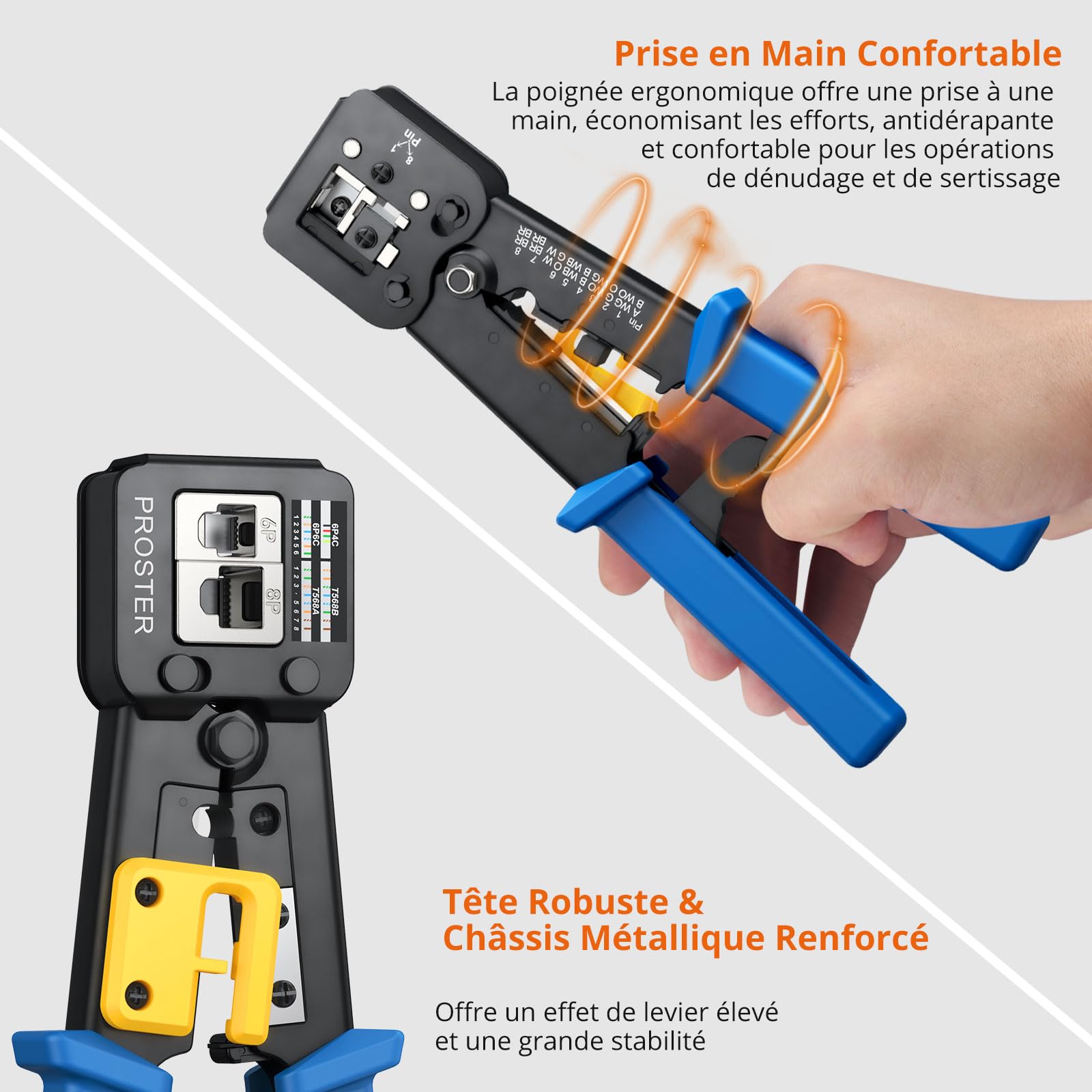 Proster Pince à Sertir RJ45 Professionnelle Kit Réseau – Outil Sertissage Ethernet Cat6 Pass Through avec Testeur, 50 Connecteurs Plaqués Or, Installation Maison Bureau Technicien