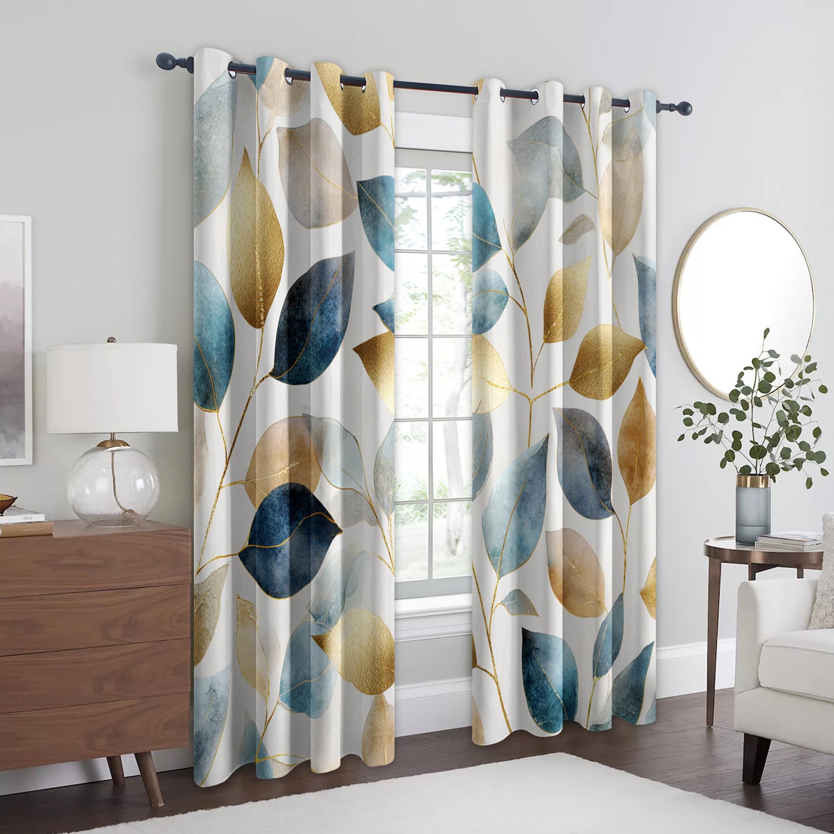 Generisch Blickdichte Vorhänge Blau Goldenes Blatt Muster, H 245 x B 140 2er Set - Moderne ästhetische Blätter Fenster Gardinen mit Ösen, 245 cm Lang Curtains Wohnzimmer Schlafzimmer Deko CG74