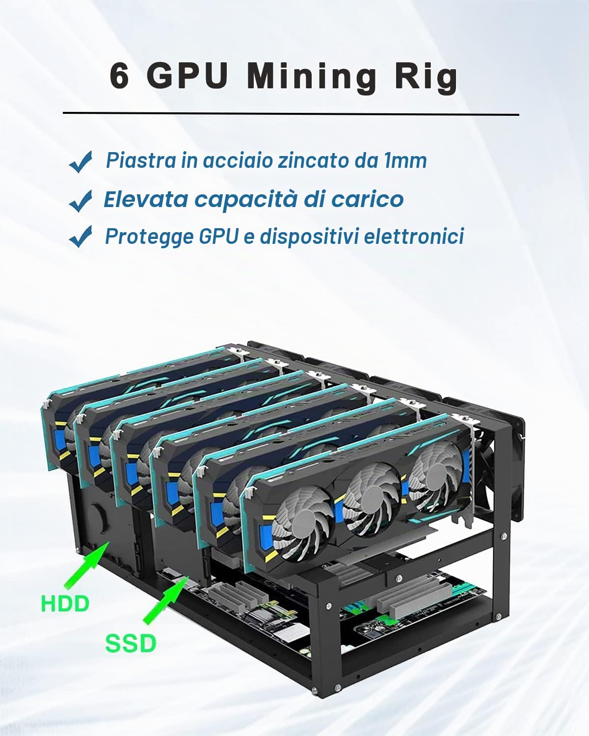 6 GPU Mining Rig Frame, Steel Open Air Mining Rig Frame Case, Mining Rig Supporta Atx/Btx/Flex/Itx/Microatx, 50 x 28.5 x 22 cm, Solo Telaio (6GPU)