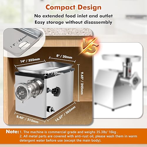 Miniatura 5 de Anatole Picadora de carne eléctrica comercial 1.5HP 1100W 600lbh Picadora de carne de acero inoxidable resistente con 2 cuchillas, 4 placas de