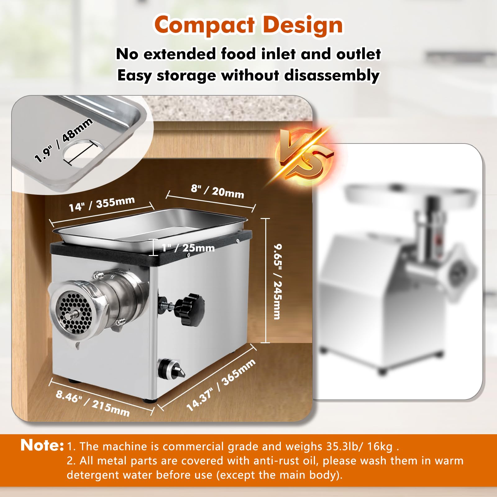 Picadora de carne eléctrica comercial de 1.5 HP 1100 W, todos los huesos de carne de acero inoxidable, picadora de salchichas de alta resistencia con 4 placas de molienda 2 cuchillas para 5