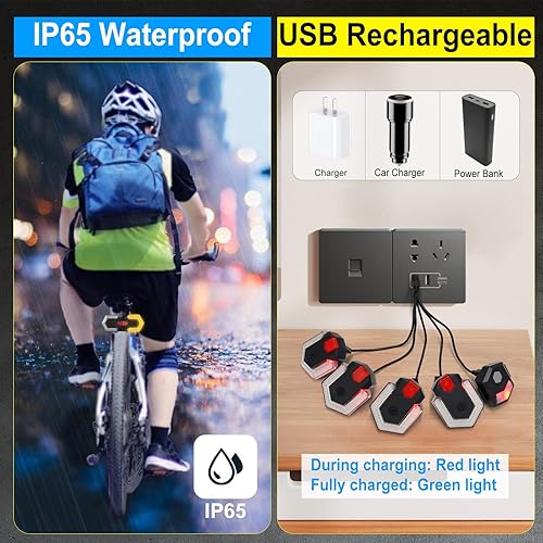 Miniatura 5 de Antfire 4 luces traseras de bicicleta con señales de giro, luces direccionales recargables por USB, luces LED brillantes delanteras y traseras de