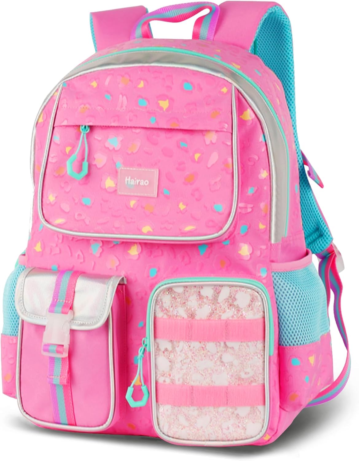 Girls School Backpack, Pink Leopard Print Bookbag with Adjustable Straps,Lightweight Waterproof Elementary Middle Student Backpack for Daily Use and Travel