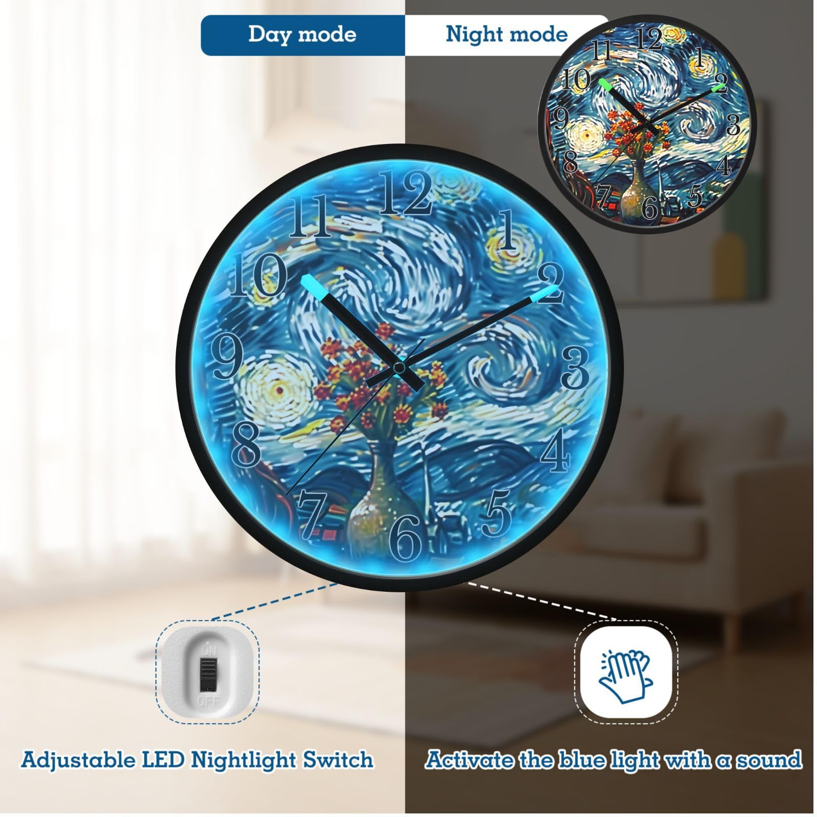 Mnsruu Reloj de pared luminoso, cielo estrellado, luna, noche estrellada, reloj de dormitorio, funciona con pilas, reloj silencioso que brilla en la oscuridad, para sala de estar, cocina, 12 pulgadas