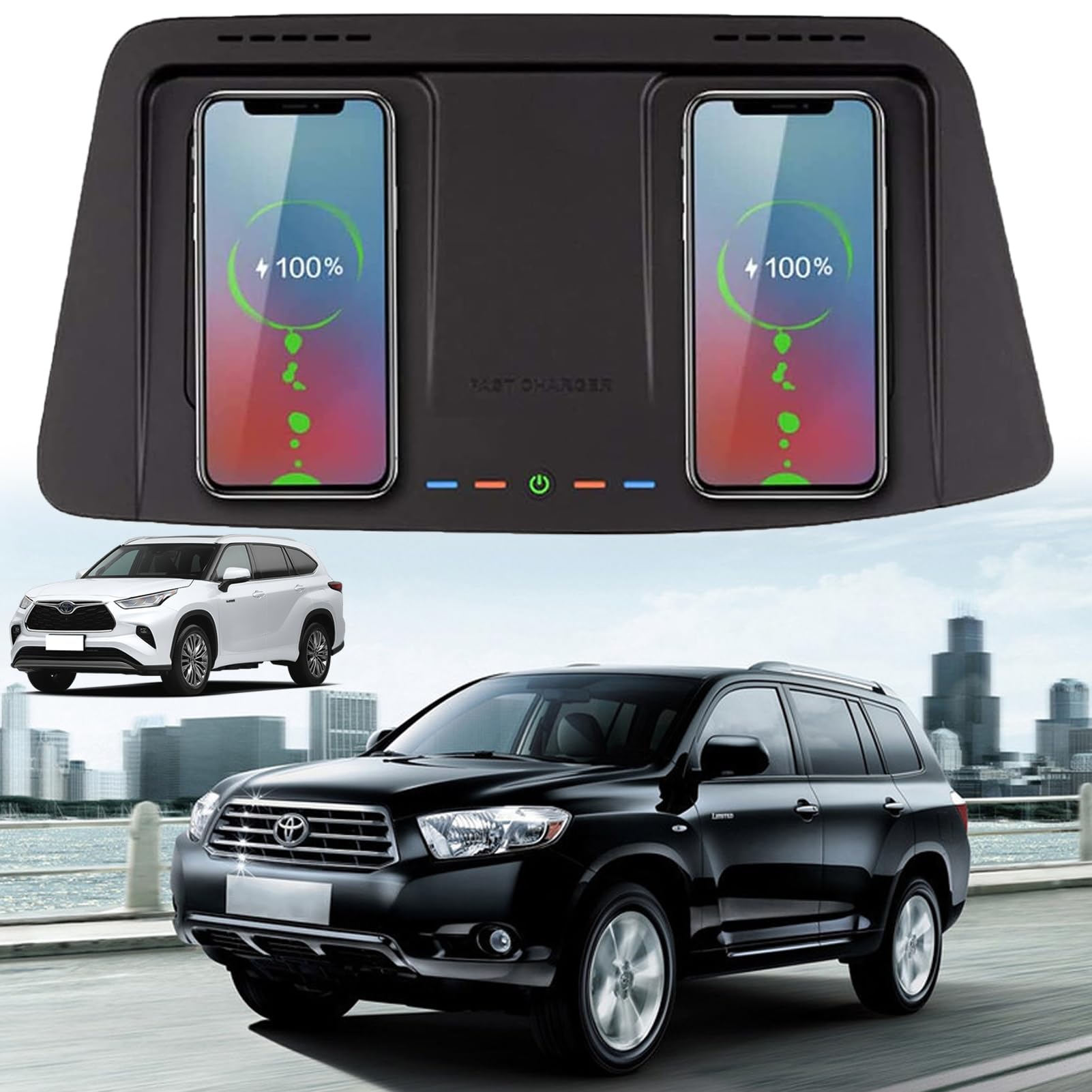 Caricabatteria da auto wireless per Toyota Highlander (2015-2021) tutti i modelli con sistema di raffreddamento a doppio canale d'aria Accessori di aggiornamento con ricarica rapida doppia da 15 W
