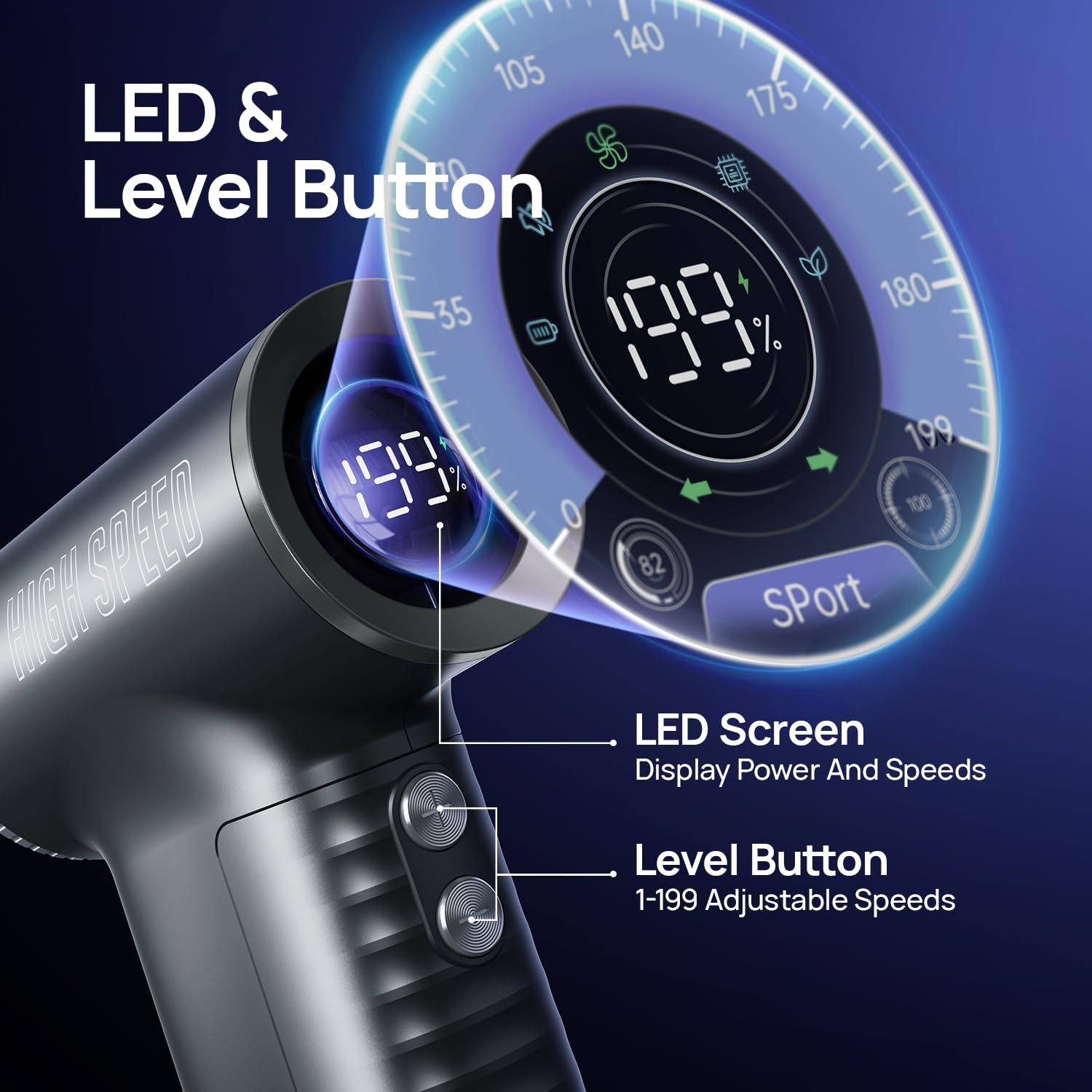 Ventilador turbo portátil de mano, mini ventilador personal de alta potencia ajustable de 199 velocidades con batería recargable de 8000 mAh y pantalla LED para viajes, camping, playa, al aire