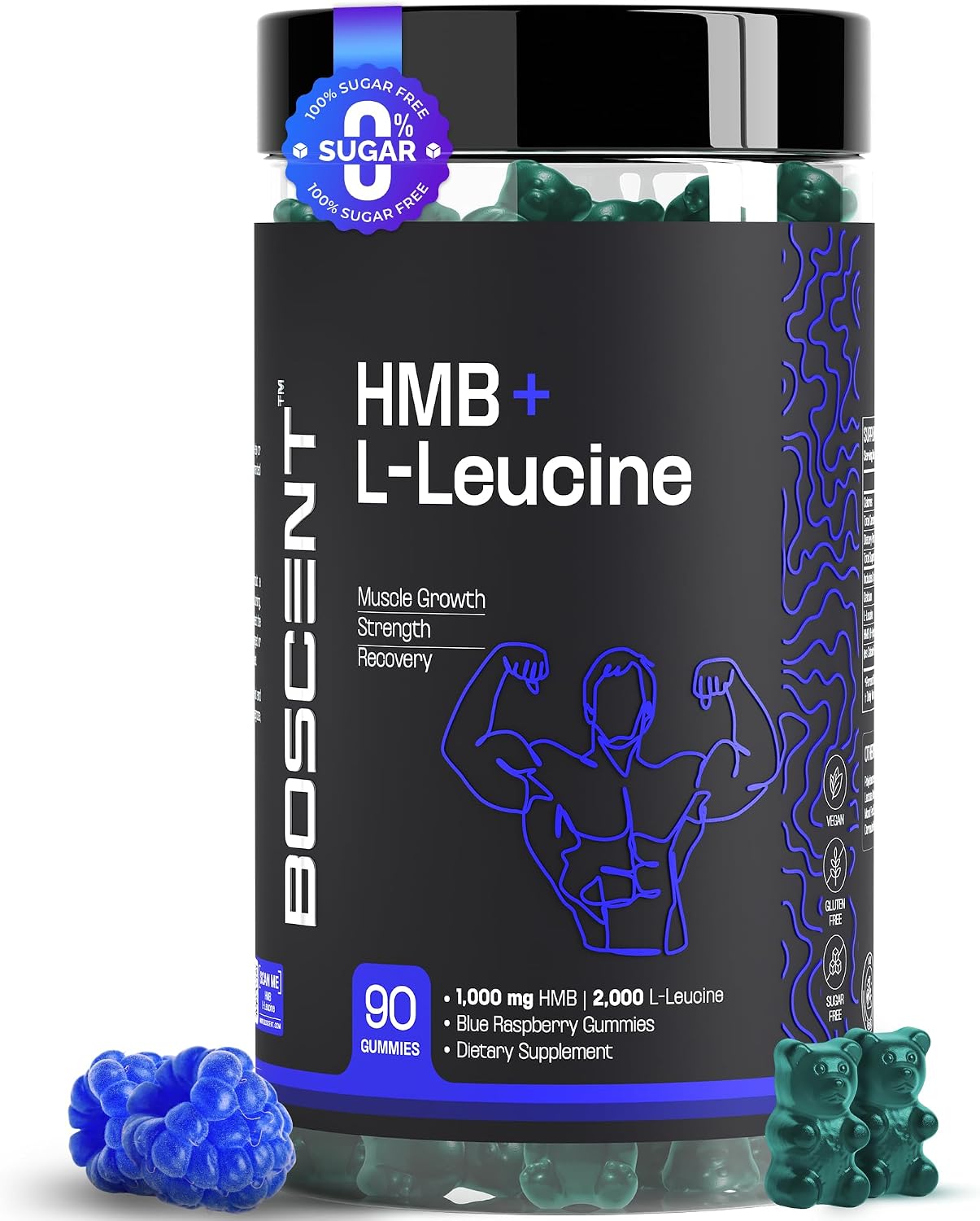 HMB and L-Leucine Gummies – 3000mg Muscle Support for Strength & Recovery | HMB Supplements for Men | Lean Muscle Growth Supplement | Vegan, Sugar Free | Blue Raspberry Flavor | 30 Servings
