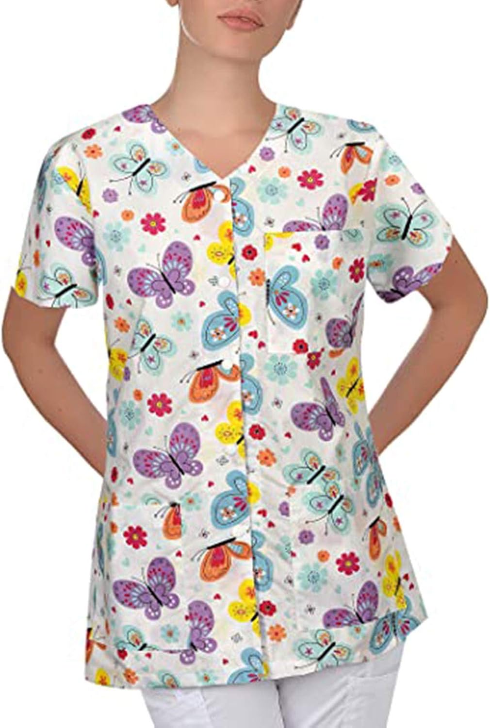 Caopixxzful Women's Button Down Scrub_Tops Fashion Prints Short Sleeve