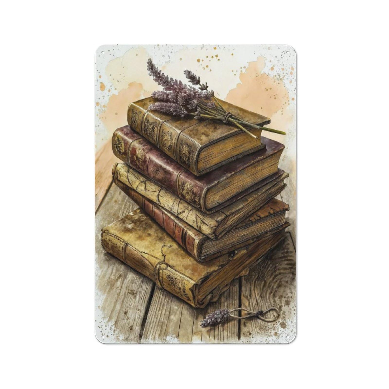 Vintage Books And Lavender Rustic Tin Sign 30x20cm for Garage Or Workshop, with Clear Rustic Wall Decor Character