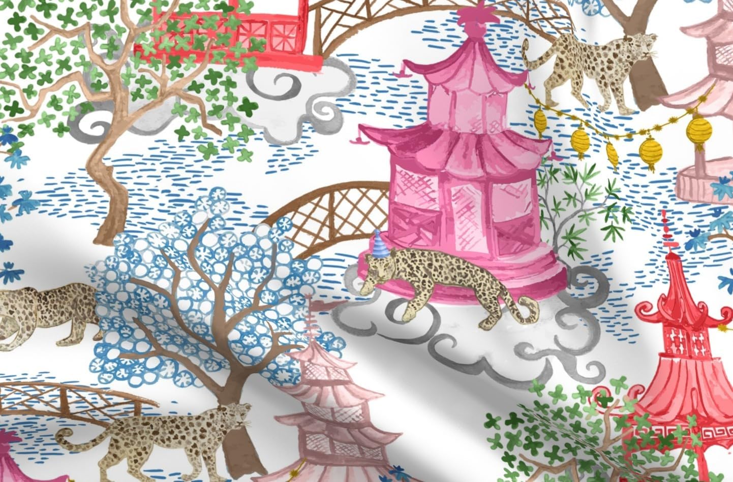Spoonflower Fabric - Chinoiserie Pagoda Leopards Bright Whimsical Maximalist Kids Room Printed on Denim Fabric Fat Quarter - Bottomweight Apparel Home Decor Upholstery
