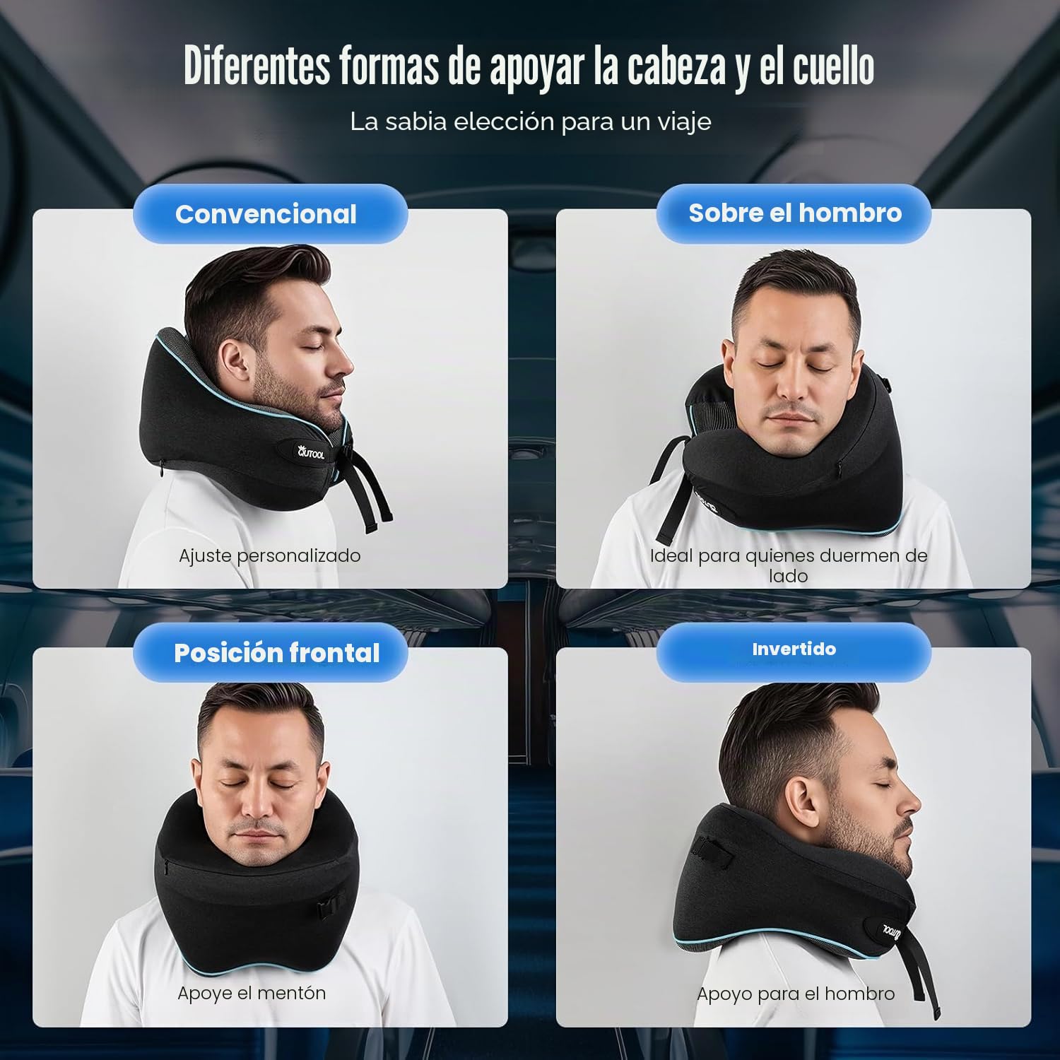Almohada de Viaje para Cuello- Cojin Cuello Viaje Ajustable con Correas, Incluye Bolsa de Almacenamiento Portátil y Gancho para Colgar -Almohada ViajePerfecta para Avión, Tren, Coche (Negro Estándar)