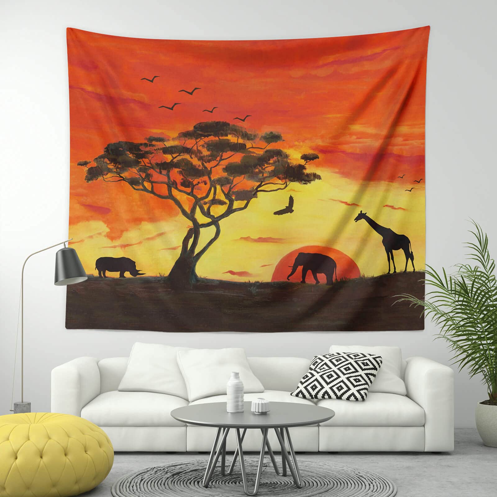 BROSHAN Animal Tapestry Small, Handpainted Safari African Graffe Elephant Tree Silhouette Tapestries Fabric Wall Hanging Decor for Bedroom Living Room Wall Art Sheet Blanket
