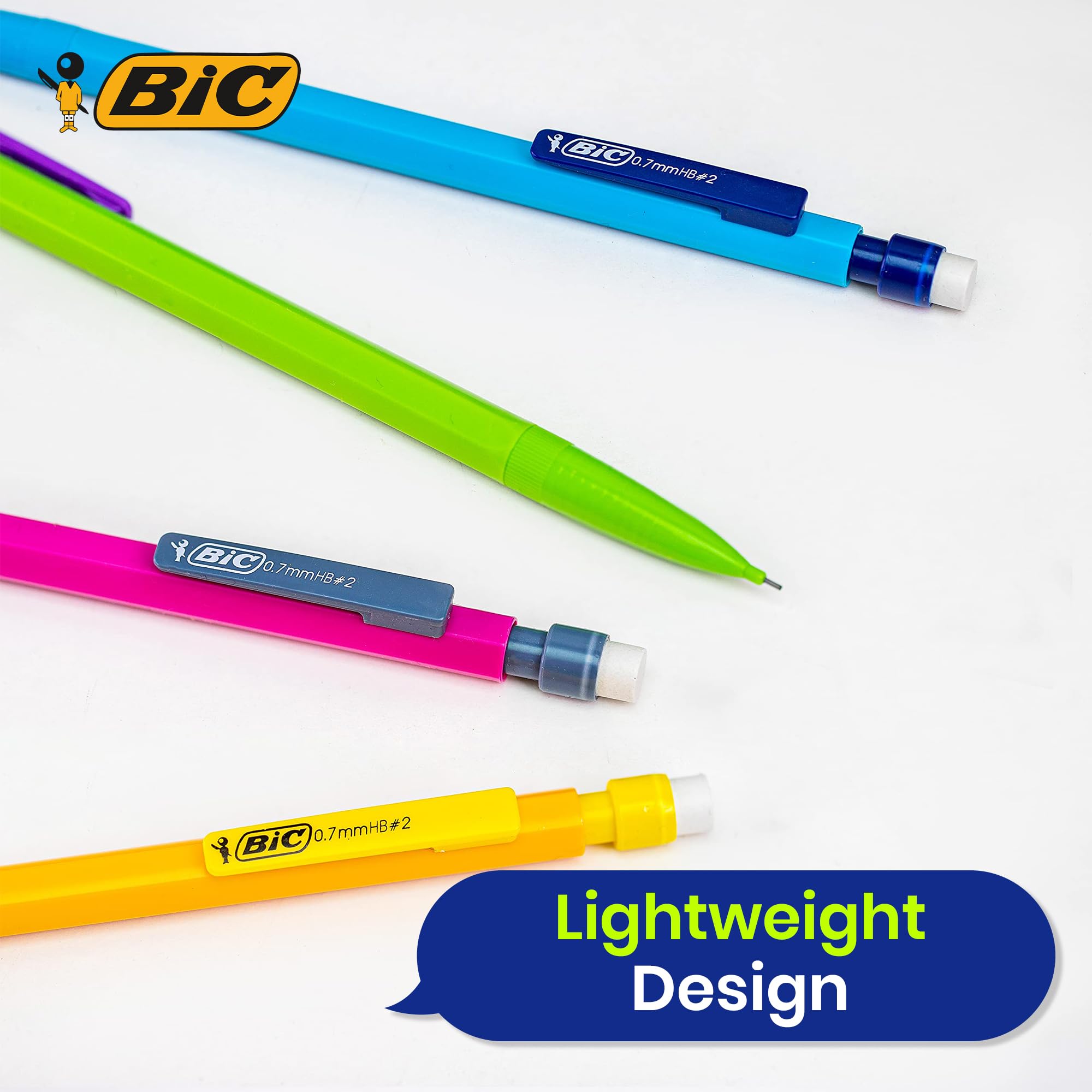 BIC Matic Fun - Matite meccaniche in grafite resistente, colori assortiti, punta retrattile, gomma bianca, scrittura liscia, mine intercambiabili, per scuola, ufficio e uso quotidiano (confezione da