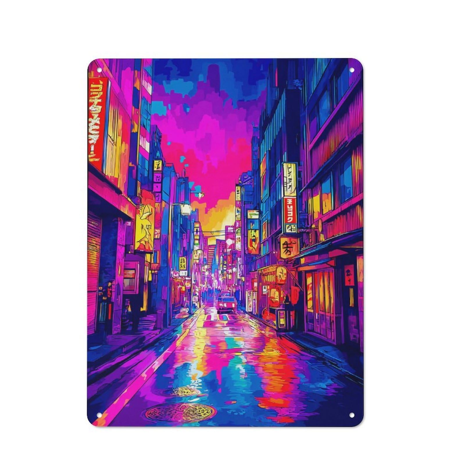 Junmoney Neon Cityscape Vibrant Street Scene -1 Country Vintage Metal Wall Decor 40X30cm, Farmhouse Metal Sign For Kitchen, Cottage, Porch Or Garden Room