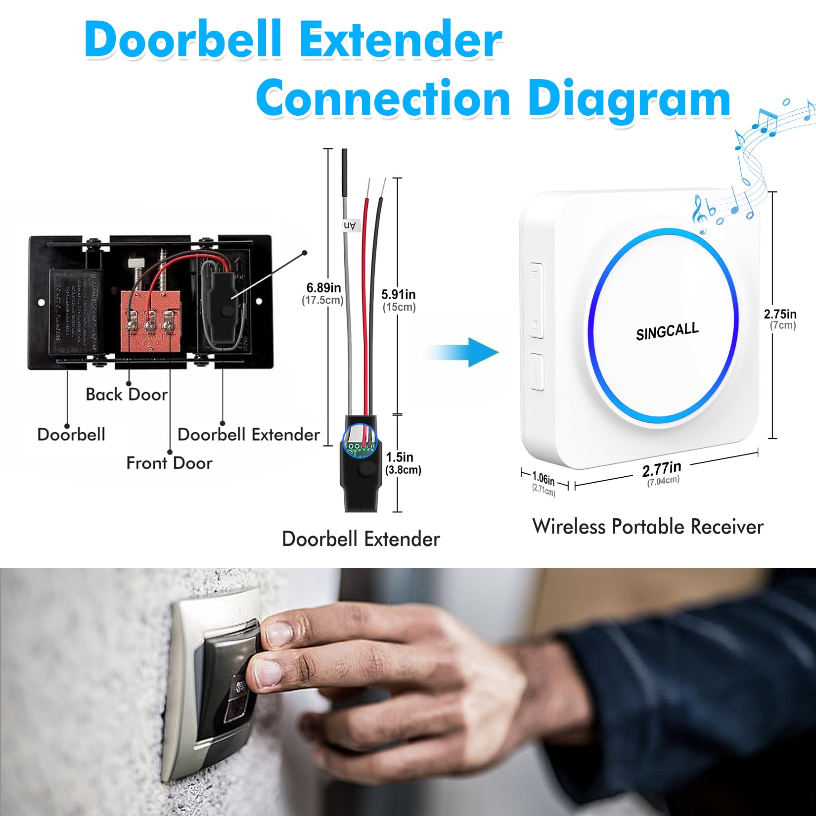 SINGCALL Draadloos signaal, deurbel en gong uitbreiding voor bestaande belsystemen met 32 Mel. & Vol. 0-100dB Instelbaar voor Thuis/Garage/ Appartement,1 Draagbare LED-ontvanger 2 draadloze converter