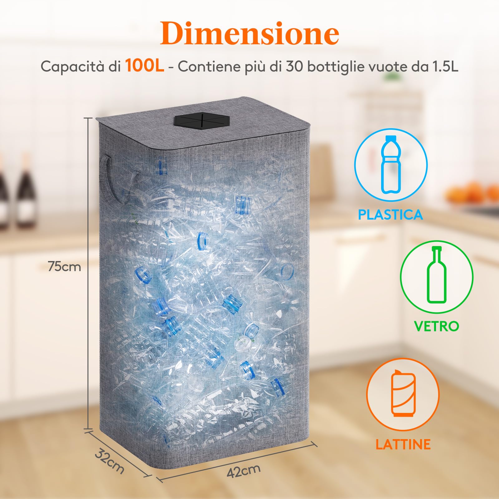 Lifewit 100L Conservazione Delle Bottiglie con Coperchio, Pattumiera Differenziata per Bottiglia Plastica e Bottiglia Vetro, Raccolta Differenziata con Foro, Contenitore Pattumiera Cucina, Grigio