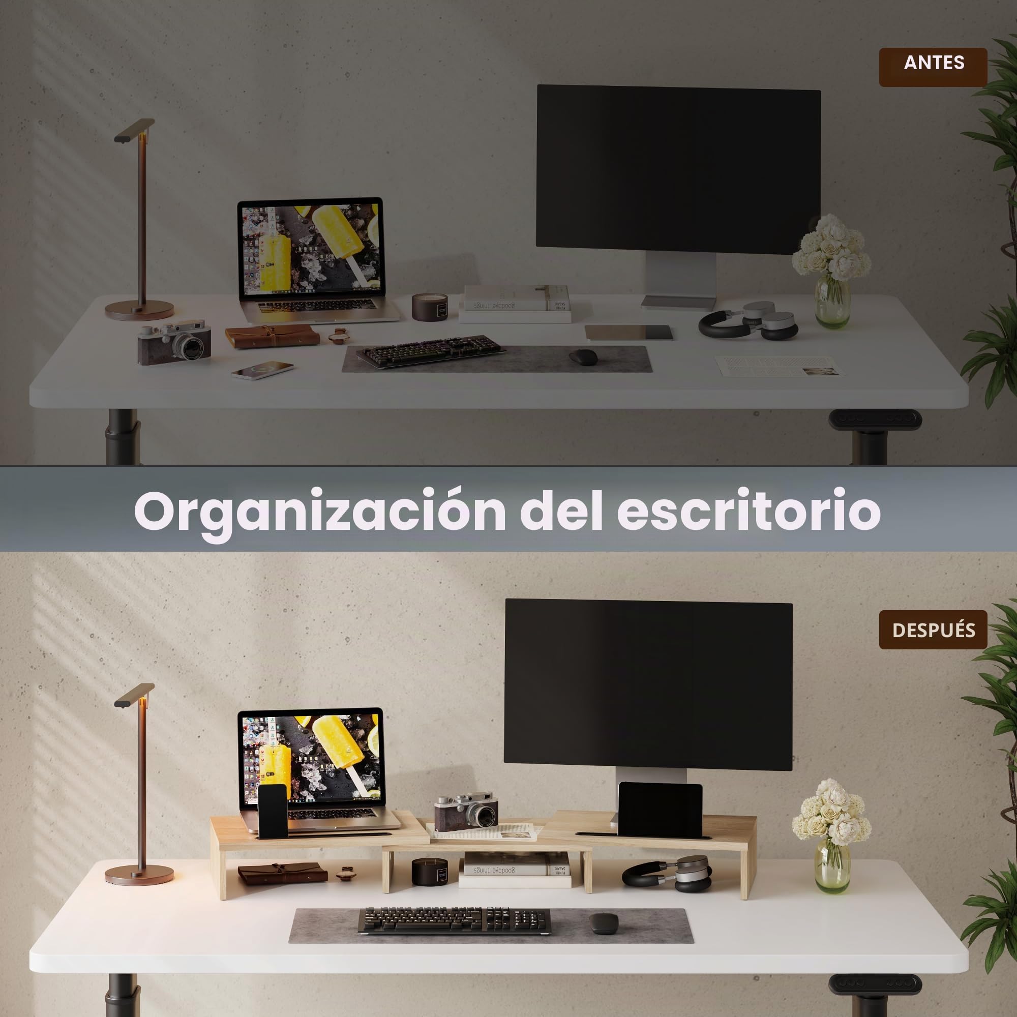 FITUEYES Soporte Monitor Elevador Monitor de Madera con 2 Soporte para Teléfono, Longitud y Ángulos Ajustables para 2 Monitores 79-111,2 x 27 x 10,5cm (Amarillo) DT111106WO