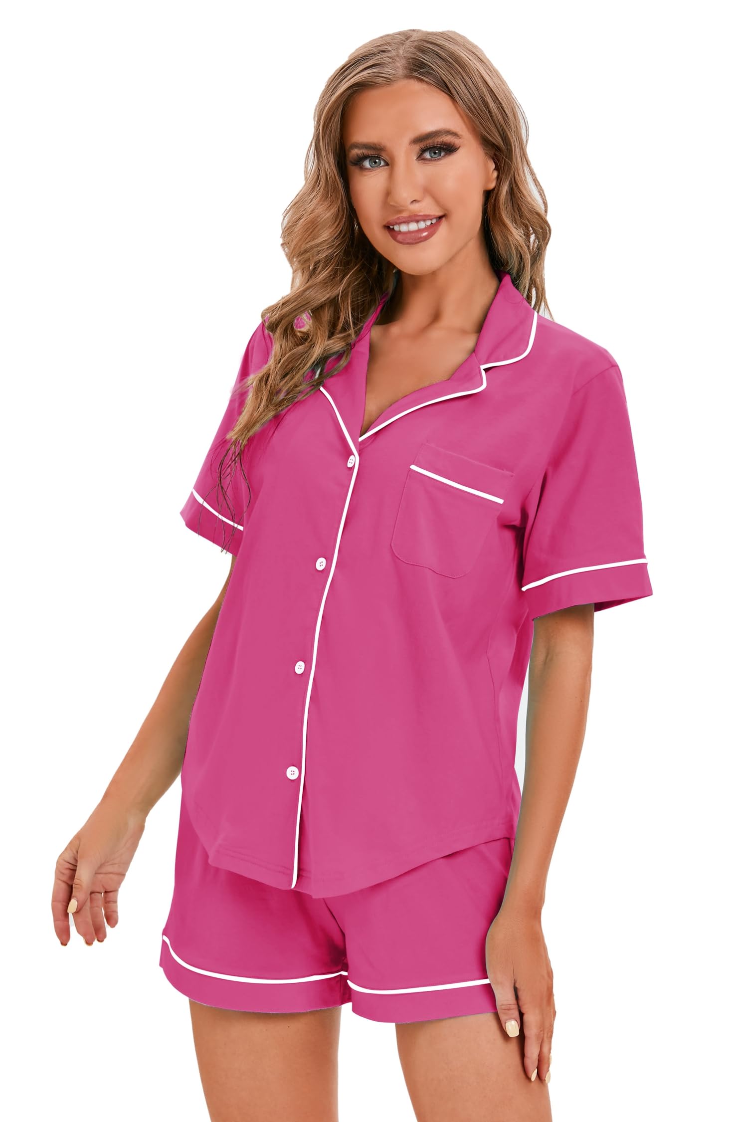 LUBOT Pyjama Femme Coton 100% ete, Pyjama à Manches Courtes, Pyjama Deux pièces pour Femme, vêtements de Nuit, vêtements de détente, tricotés & Haute élasticité, S - XXL