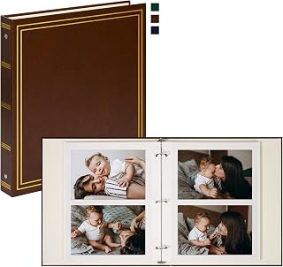 Vienrose Photo Album Self Adhesive Leather Cover D Ring Binder Vintage Printed Photo Book fits 4x6 5x7 Memory Book with Blank Sticky Pages for Travel Wedding 50 Sheets / 100 Pages, Retro Red