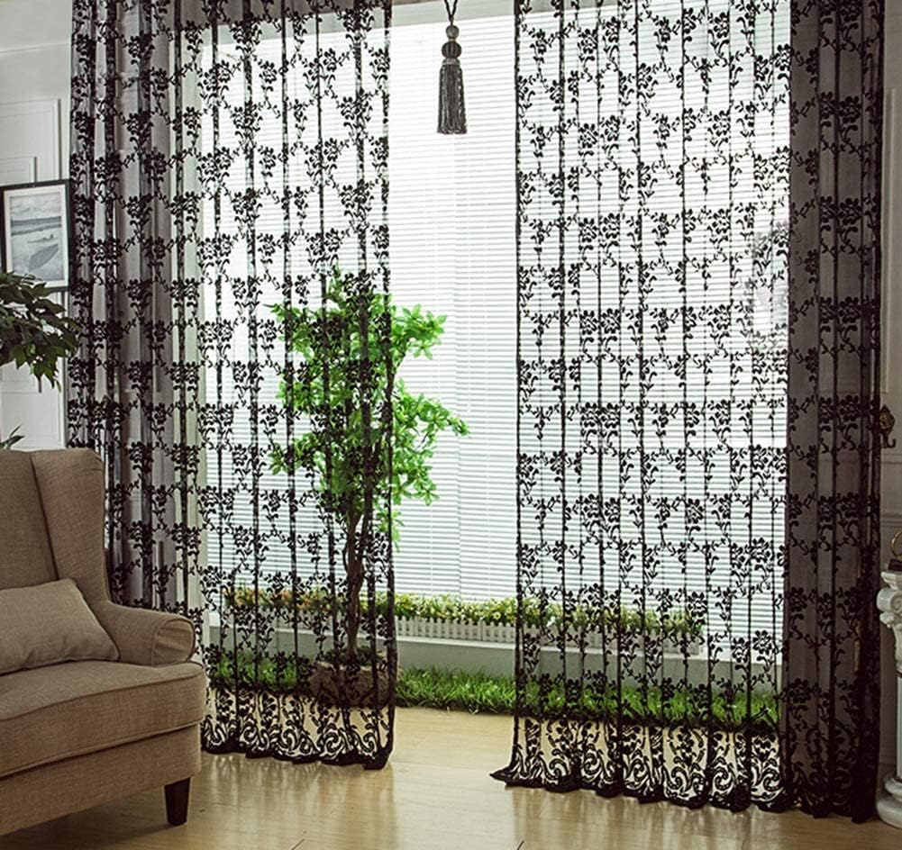 HooHero Jacquard Modern Style Rose Floral Sheer Voile Window Curtains Panels Rod Pocket Lace Semi Curtain Treatment for Living Dining Room Kitchen Balcony(1 Panel, W 50 x L 102 inch, Black)