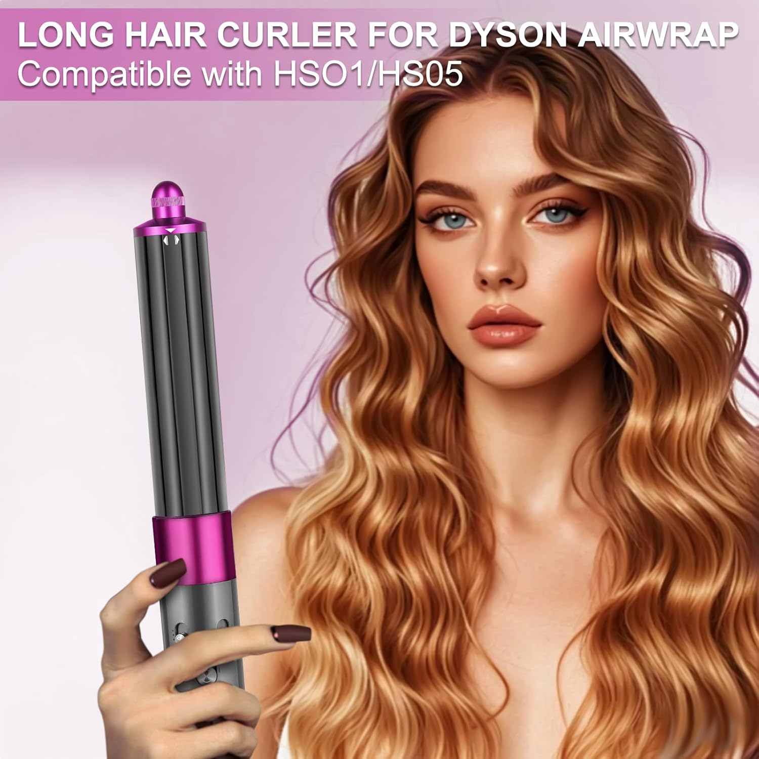 40mm/1.6" Hair Long Barrel Attachment for Dyson Airwrap HS01/05/08, Adjustable Bidirectional Auto-Wrap Curling, for Bouncy Curls or Waves, Rose