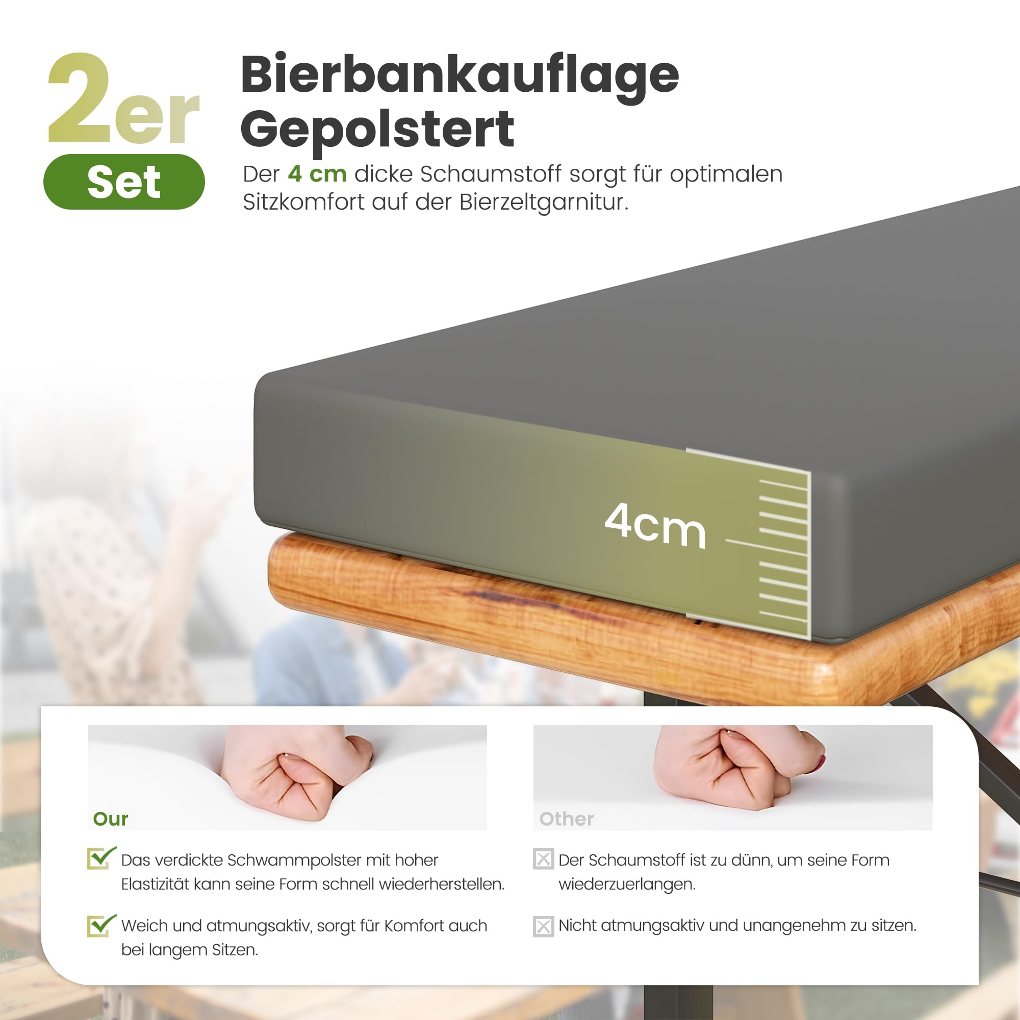 Amopatio 2er Set Bierbankauflage gepolstert, 180x25x4 cm XL Biertischgarnitur Auflagen Outdoor & Indoor, Bezug waschbar, Wasserdicht & UV-Schutz, Grau