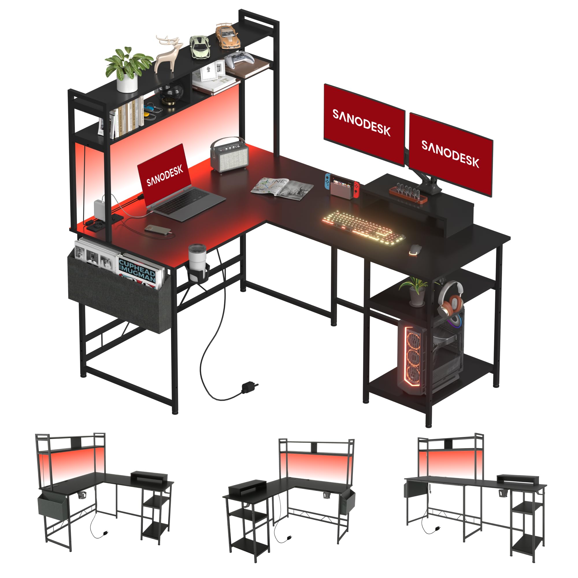 SANODESK Mesa Gaming con LED, Escritorio Gaming Reversible con 2 Enchufes y 2 Puertos USB, Escritorio Esquinero Grande con Estante,Luces Multicolores 140×120cm Negra