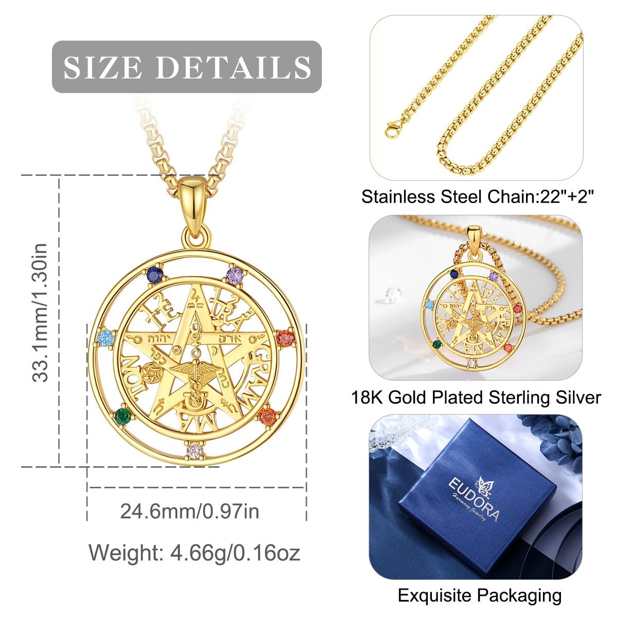 Collar Pentagrama para Mujer Hombre Plata de Ley 925, Colgantes Vintage Tetragrammaton Collares, Joyería Amuleto Pentagrama Regalo para Mujer Hombre Madre Padre Novio, 61CM