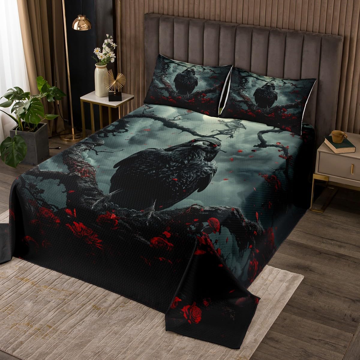 Feelyou Crows Bedspread Queen Kids Ravens Halloween Quilted Coverlet for Boys Girls Gothic Art Halloween Coverlet Set Quilted Room Decorations,1 Bedspread+ 2 Pillow Shams