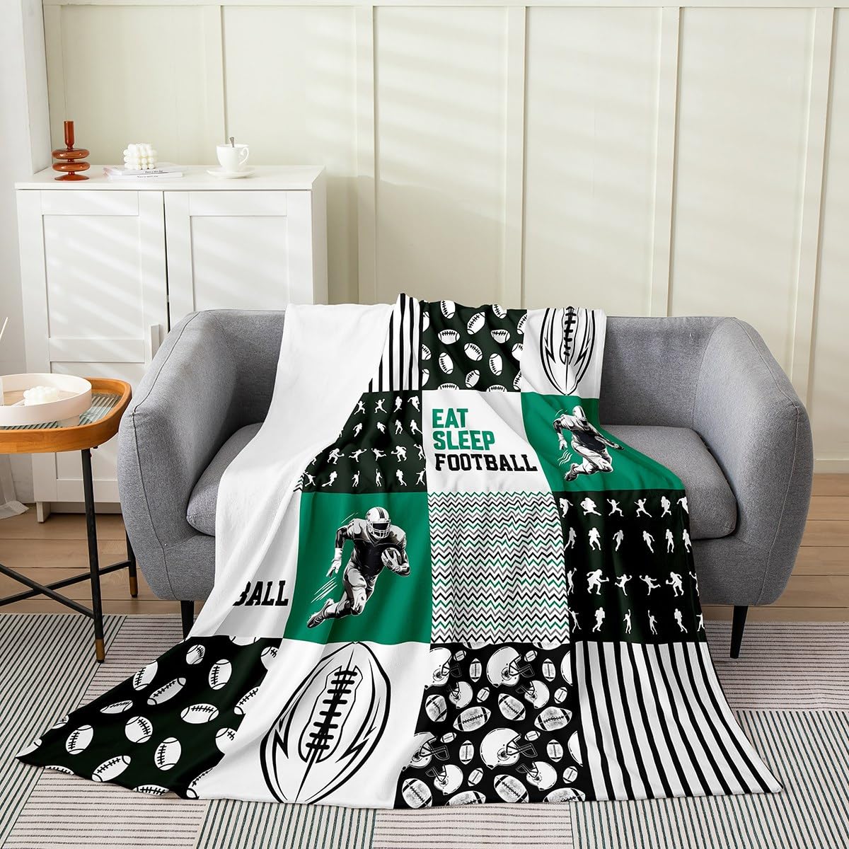 Erosebridal Football Throw Blanket for Boys Twin 60x80,Eat Sleep Football Blanket for Kids Youth,Football Player Fleece Blanket Lightweight,Sports Ball Game Patchwork Bed Blanket Home Room Decor