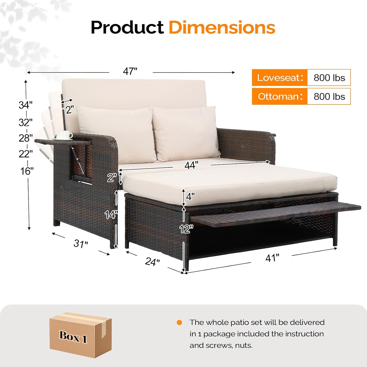 VINGLI Patio Daybed, Wicker Outdoor Daybed with Storage Ottoman & 5-Level Adjustable Backrest, All-Weather Rattan Cushioned Patio Loveseat Sofa for Garden Balcony Backyard (Beige, Brown)