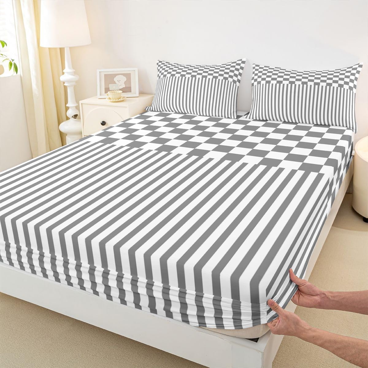 Erosebridal White Grey Plaid Full Bed Sheets for Kids Boys Girls Geometric Grid Stripes Fitted Sheet, Classic Homestead-Style Bedding Sets 3 Pieces
