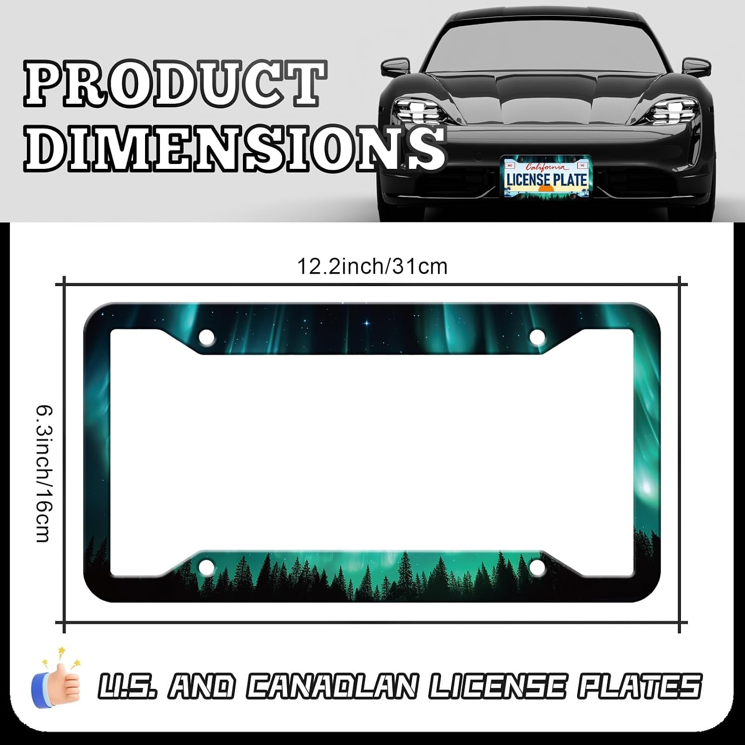 Aurora Polaris Forest License Plate Frames - 2 Pack Funny Green Northern Lights License Plate Holder, Aluminum Metal Rust-Proof Waterproof Car Decorative Tag Frame for Standard US 12x6 Inch image 2