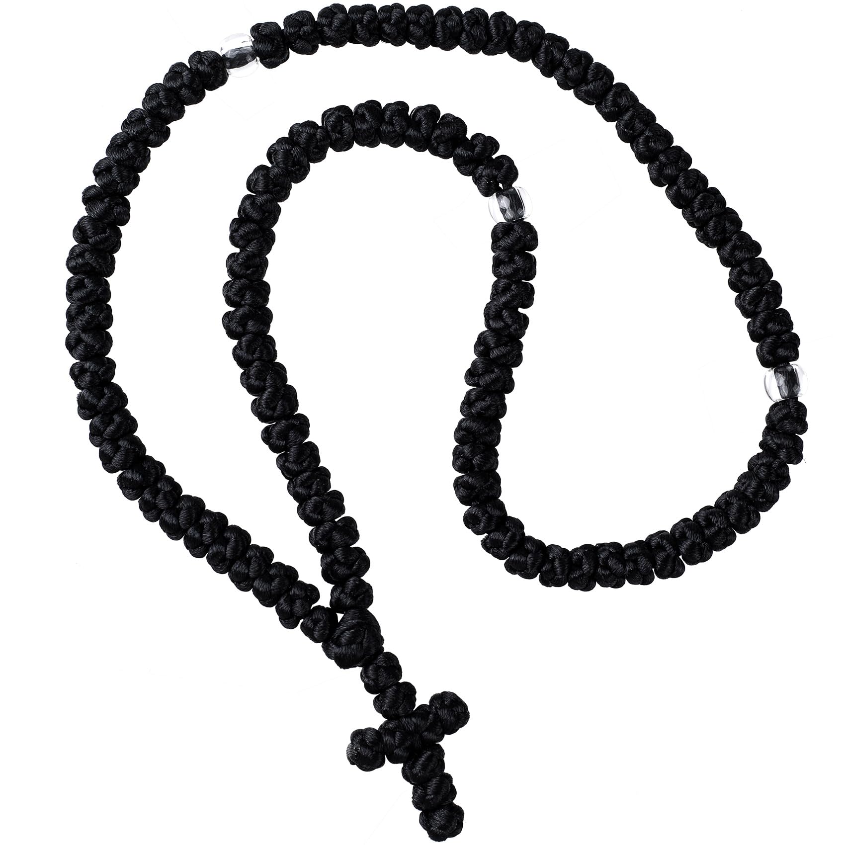 Pndeyo Handmade Prayer Rope, Christian Orthodox Greek Russian Komboskoini Prayer Rope, Blessed Cross Car Hanging Charms Black-100 Knot 23.6in/600mm