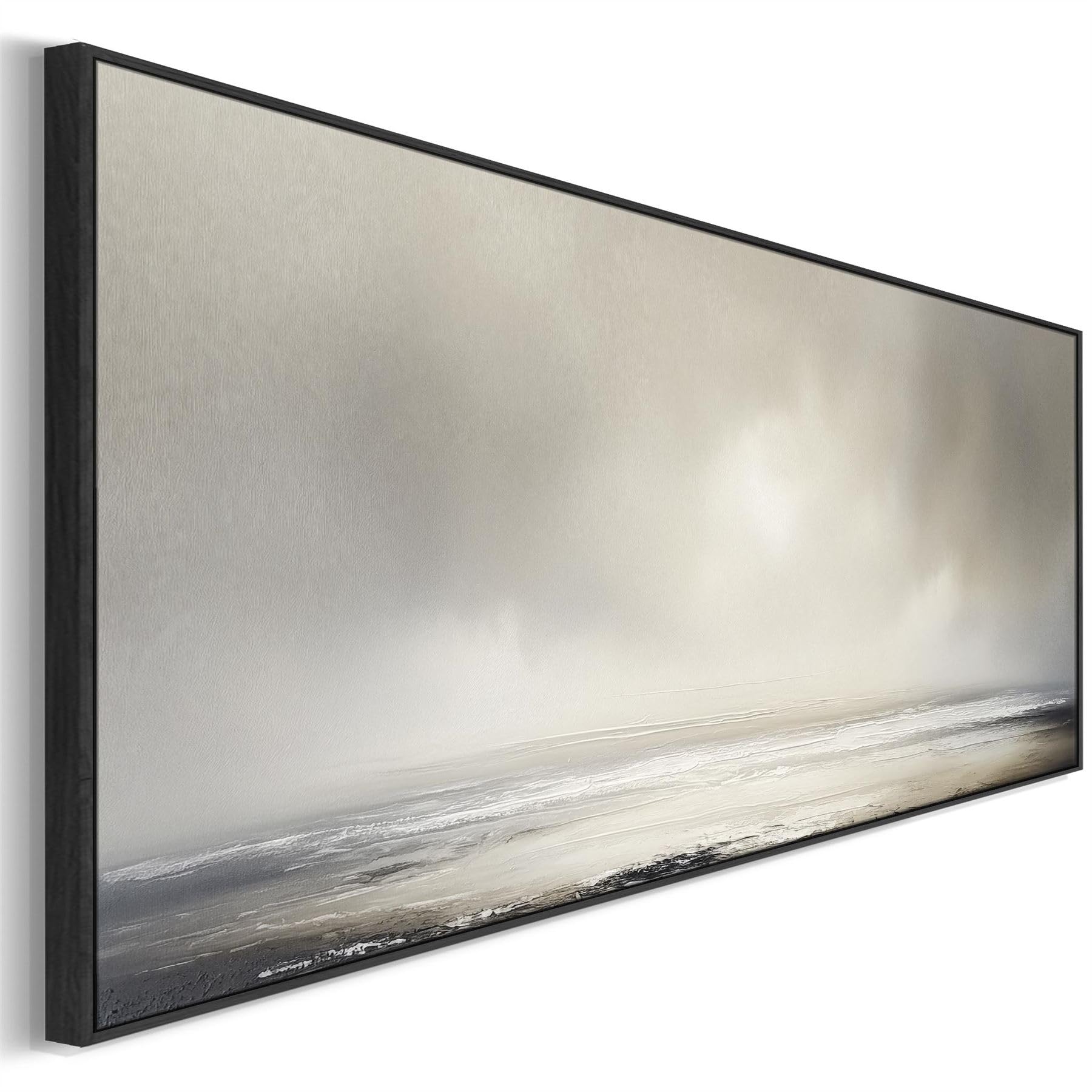 Wallfillers Grey Neutral Greige Neutral Wide Framed Canvas Art Panoramic Abstract Landscape For Living Room (143 X 52Cm)