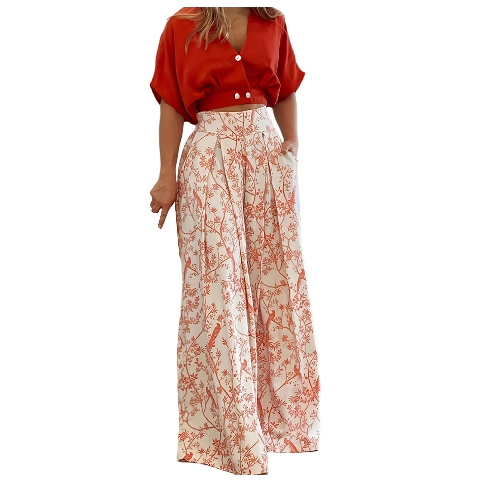 YOGALULU Pantalones Cuadros Mujer de 2 Piezas para Mujer, Camisa Informal Holgada con Botones, Blusa, Top, Pantalones Palazzo de Pierna Ancha Larga, Mono, 2024 Short Jean Mujer