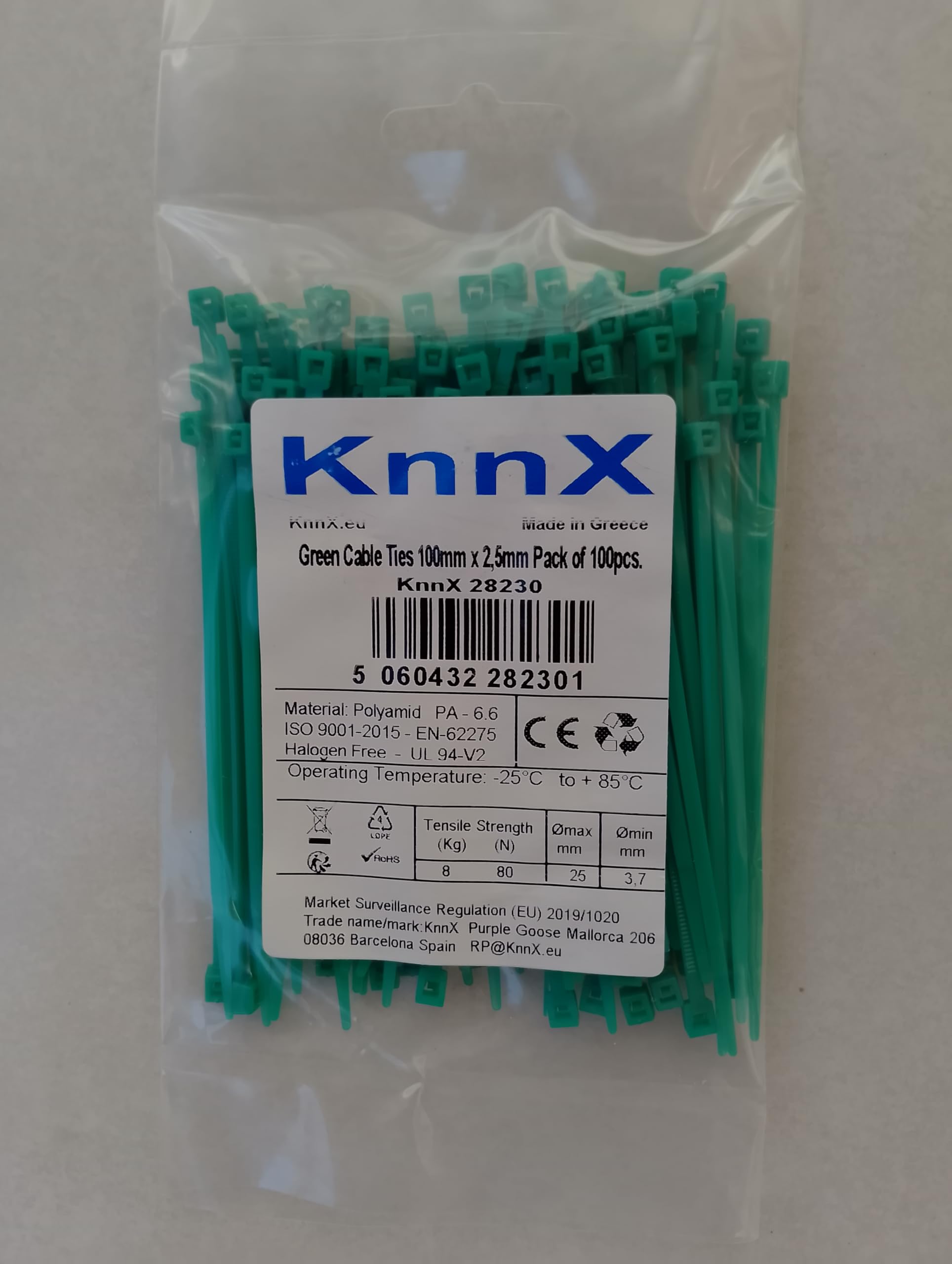 Zielone opaski kablowe nylonowe 100 mm x 2,5 mm, mały rozmiar, 100 sztuk, wytrzymałość 8,2 kg