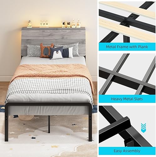Miniatura 8 de Base de cama individual con cabecera de almacenamiento, marco de cama de plataforma de metal con luces LED, diseño ergonómico, listones de metal