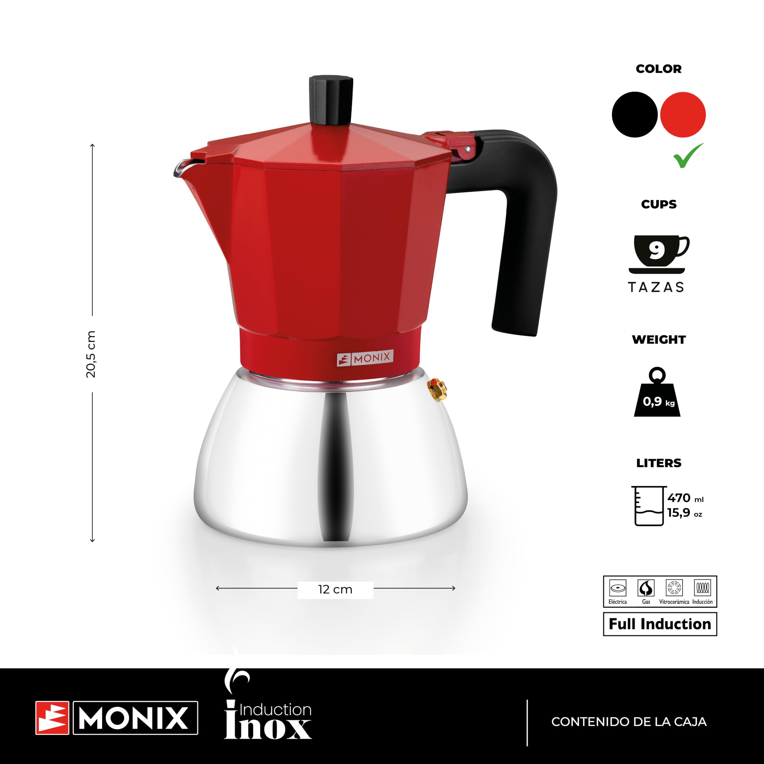 MONIX Induction Inox Cafetière Italienne 9 Tasses - Aluminium Et Acier Inox Pour Induction