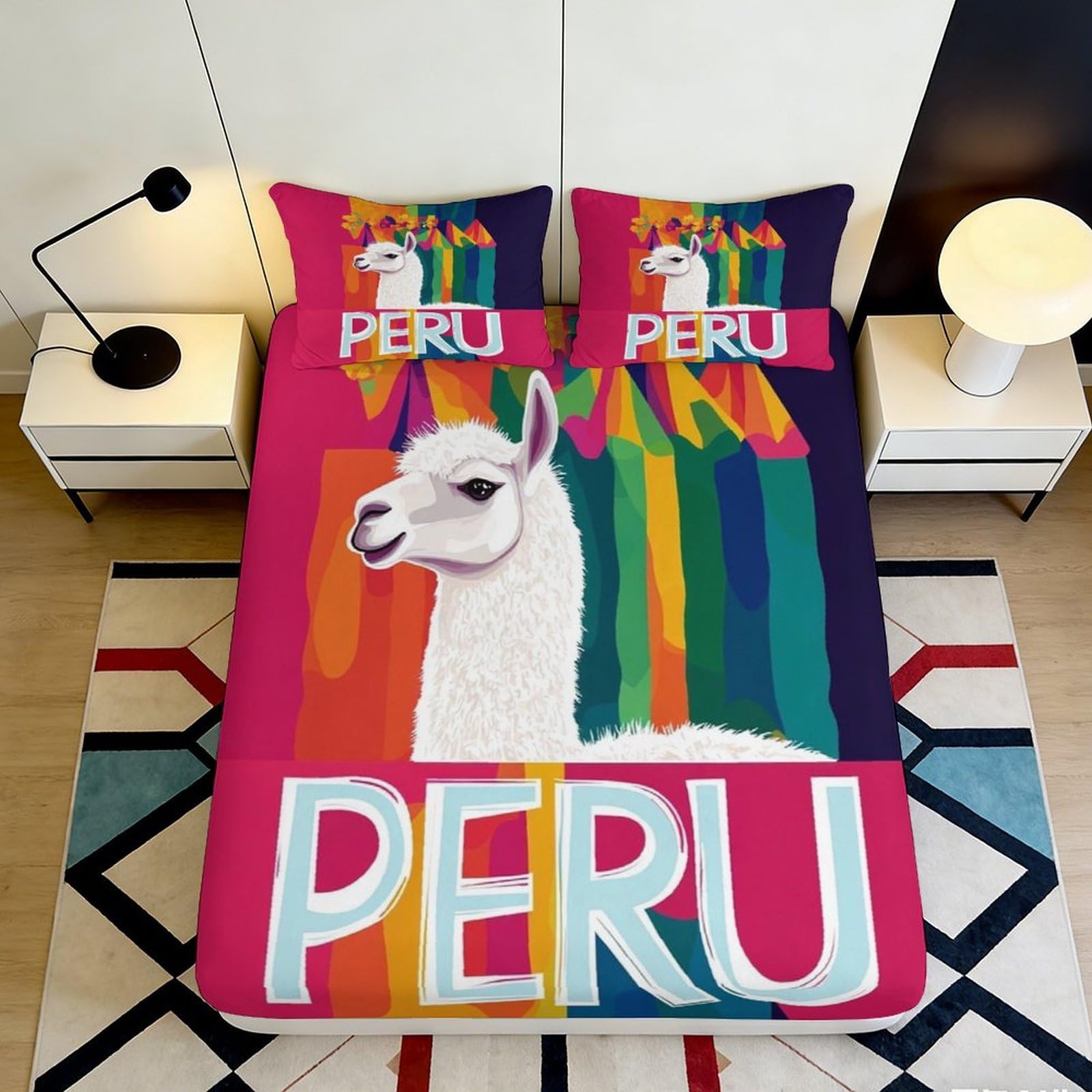 3D Printed Peru Alpaca Fitted Sheet Microfiber Colourful Llama Mattress Cover for Bedroom Guest Room Home Decor 90x200x25cm