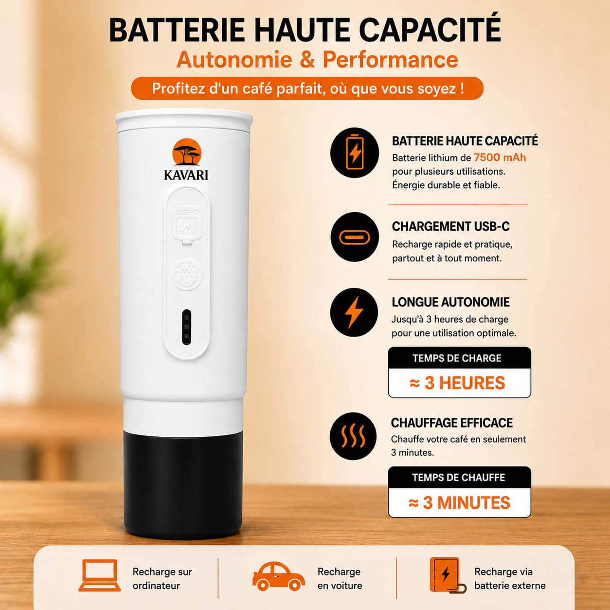 Kavari Machine à Café Portable Compacte Espresso italien 20 Bars | Cafetière portable 2 en 1 capsules Nespresso® & café moulu se recharge en USB-C et est idéale en voyage, voiture ou camping.