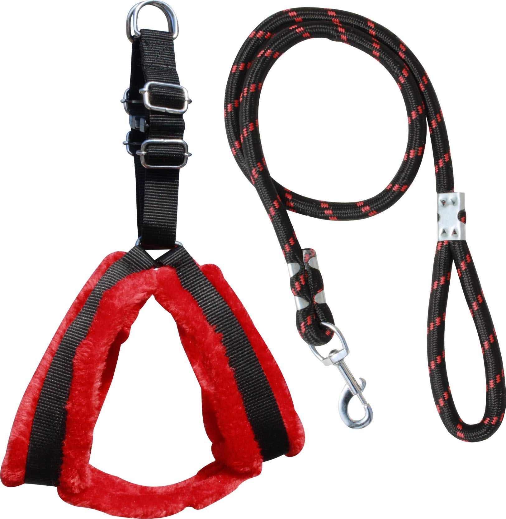 Pedigone Dog Belt Combo of Nylon Fur Padded Red-Black Dog Harness with Black Dog Lead Specially for Medium Breeds Dog Harness Chain (Red-Black)