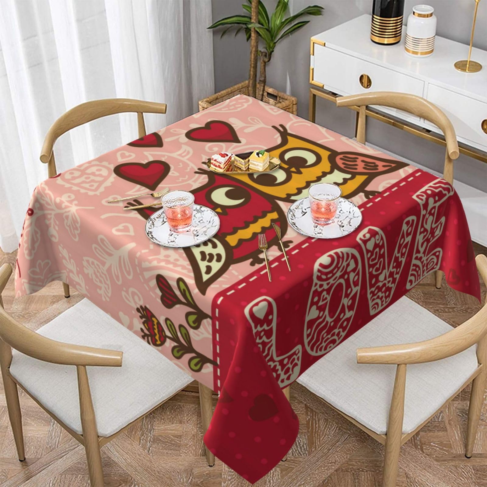 DCEHGEW Owls Prints Square Tablecloth 137x137 CM, Waterproof Fabric Table Cloth for Dining Table, Farmhouse Table Cover for Kitchen Dining Tabletop Decoration