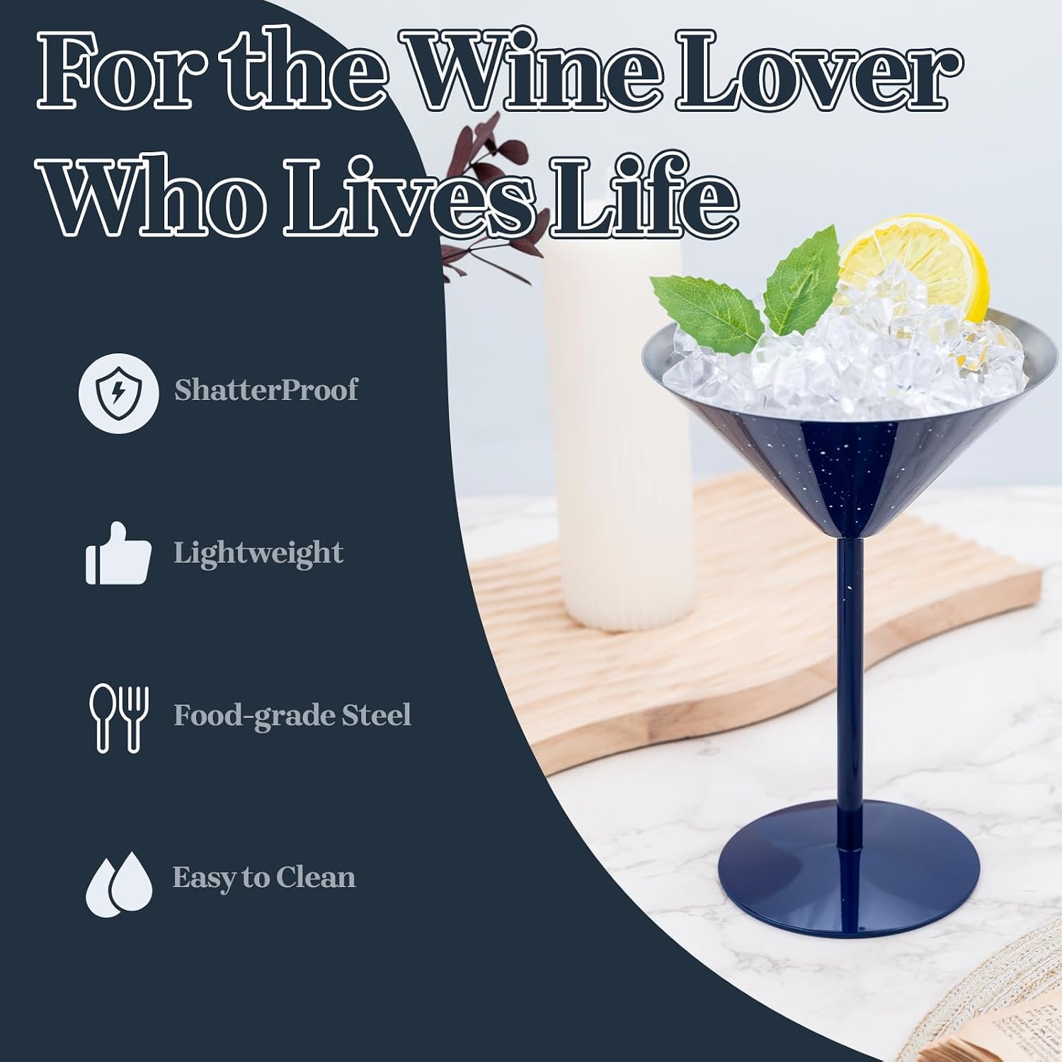 Stainless Steel Martini Glasses Set of 2, Metal Martini Glass 8OZ Unbreakable, Unique Blue Galaxy Design Ideal Cocktail Glasses Gifts for Outdoor Travel Beach Party