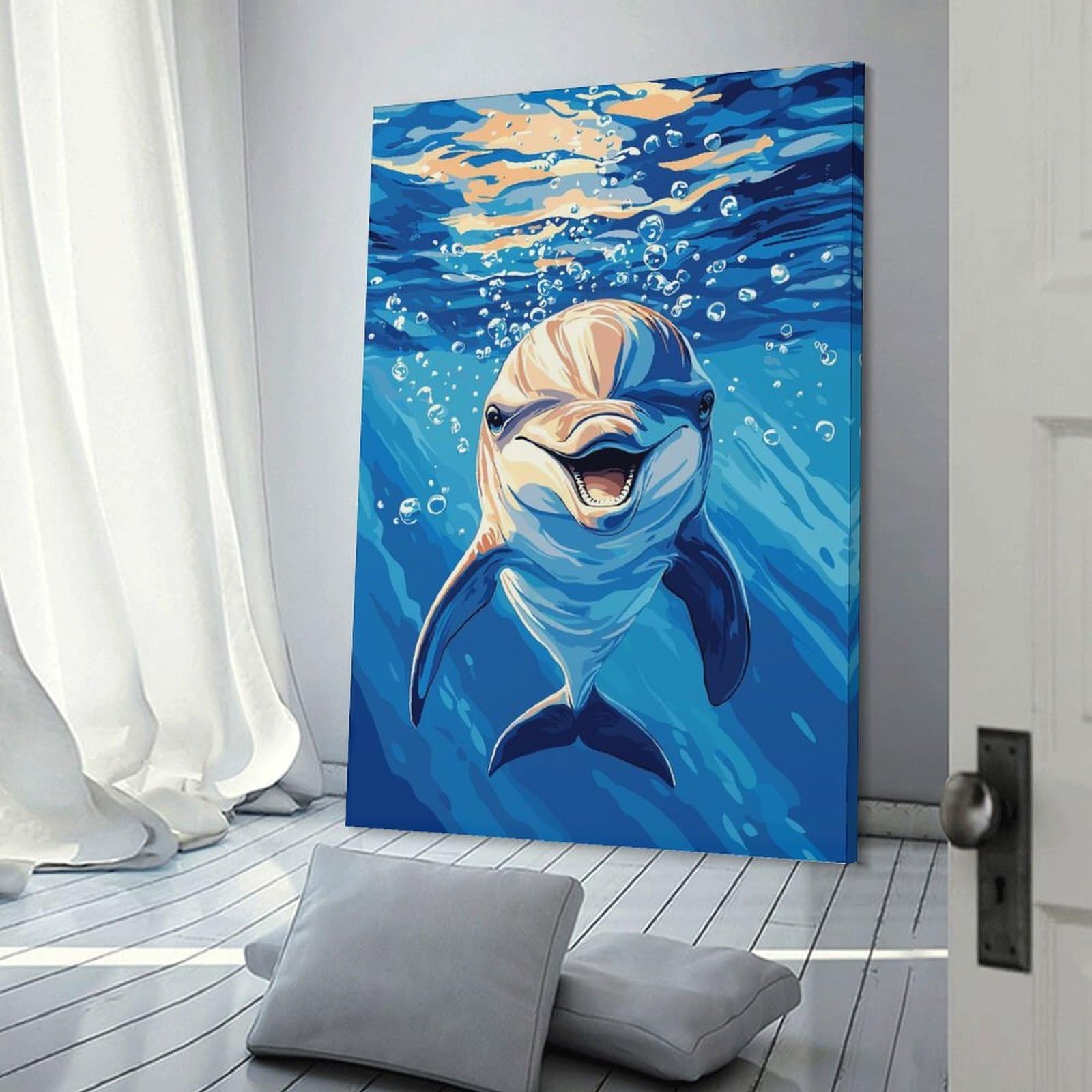 Junmoney Frame-Style-9 Smiling Dolphin Underwater Wall Decor Canvas Print, 20X30inch(50X75cm), For Flats, Guest Rooms Or Compact Rooms, A Simple Refresh For Blank Walls