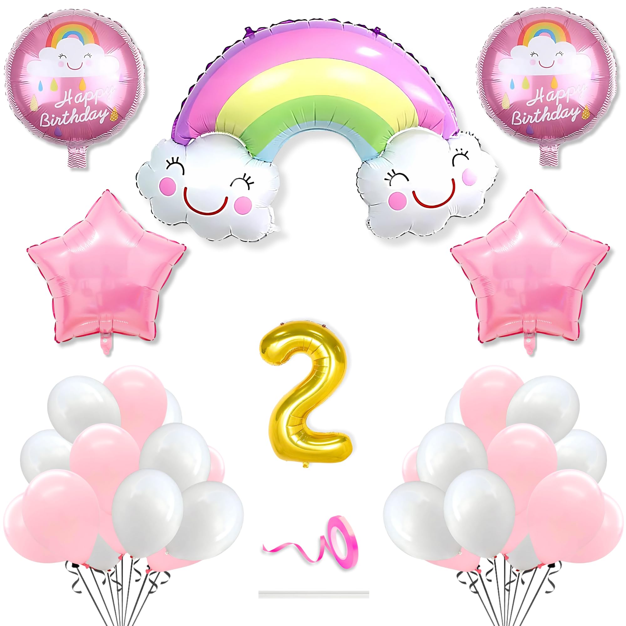 Flyloons 2nd Rainbow Theme Decoration for Birthday Multicolour 2 year Baby Boys Girls Kids 5 Pcs Rainbow Balloons 30 Pcs Pastel Balloons Decoration Kit Set Items 2 Pcs Pink Star-image-19