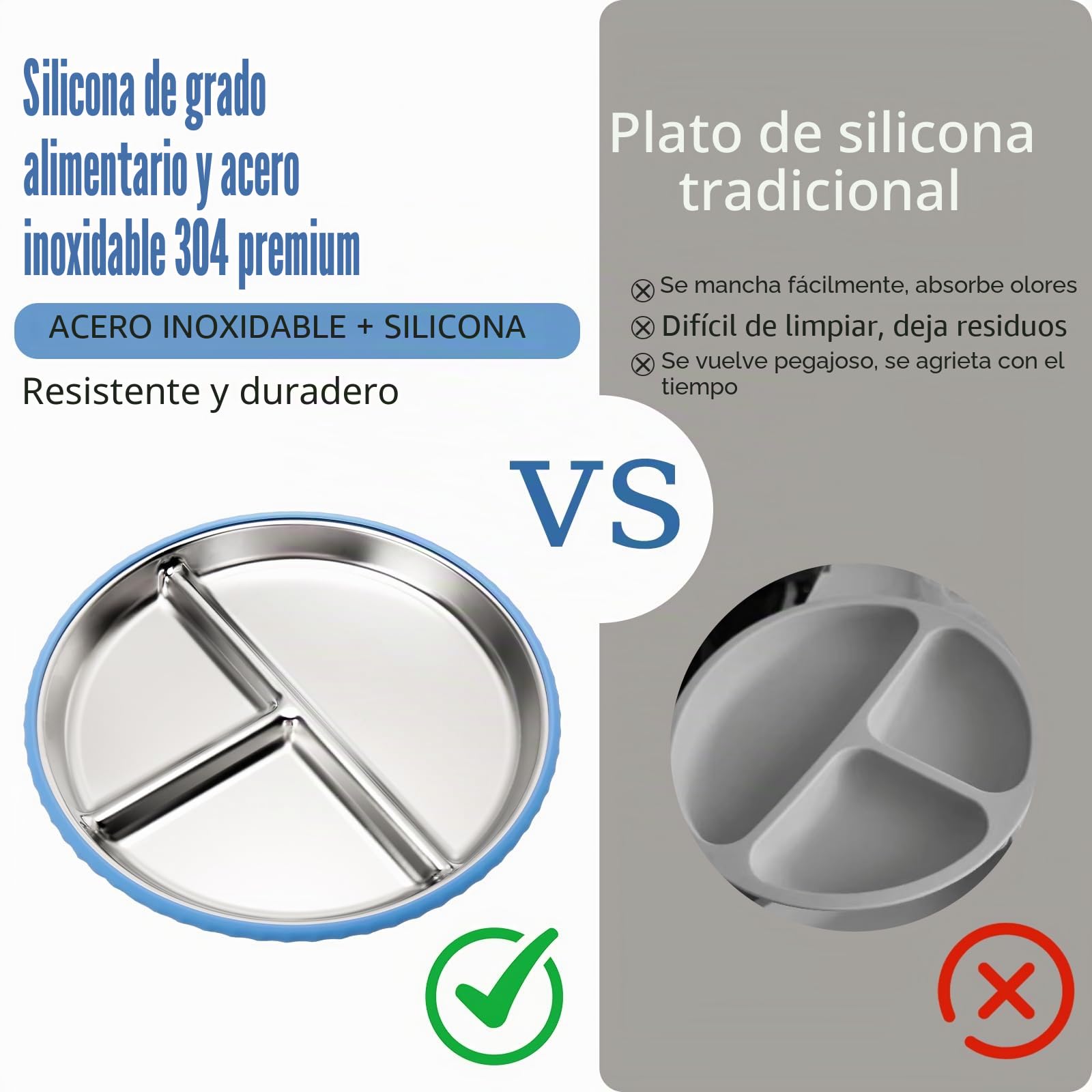 CLDY - Juego de 4 platos y tazones de acero inoxidable para bebés - Base de silicona 100% con ventosa - Platos de destete para niños pequeños - Platos divisores irrompibles - Sin BPA